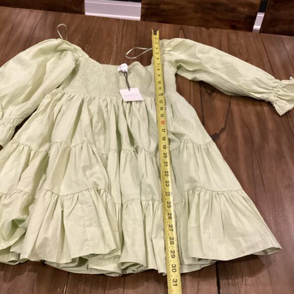 Mable Emory Smocked Ruffle Babydoll cotton mini dress NWT light green olive S - Picture 8 of 10